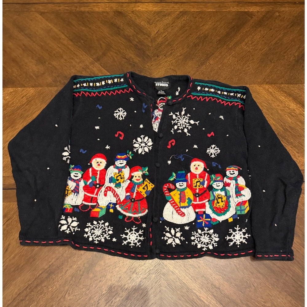 Designers Originals Studio Vintage Christmas Cardigan Snowman Santa Black Medium